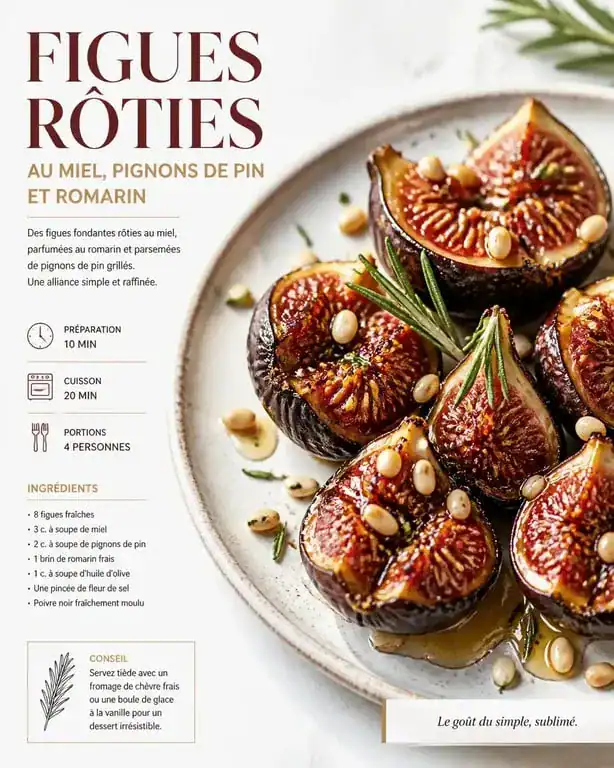 Dessert aux figues fraîches rôties au miel et romarin dans une assiette élégante