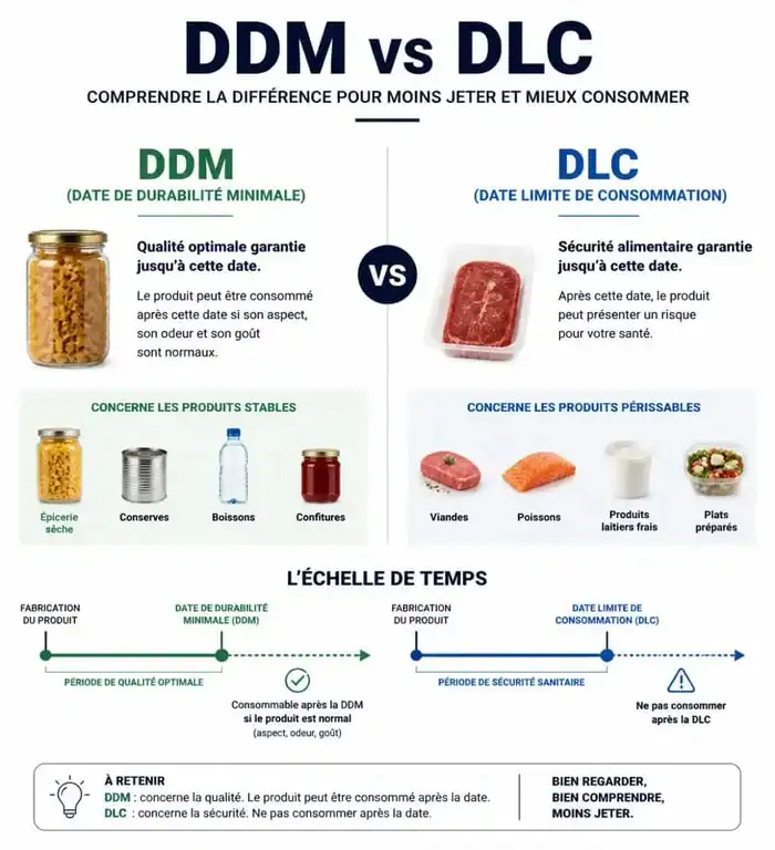 Infographie comparative DDM vs DLC pour savoir combien de temps consommer après la date de préférence