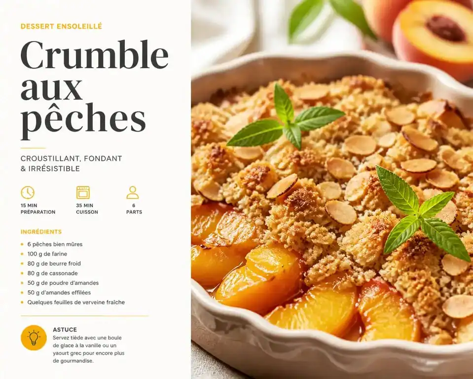 Crumble aux pêches et verveine, un dessert aux pêches gourmand et estival servi dans un plat en céramique