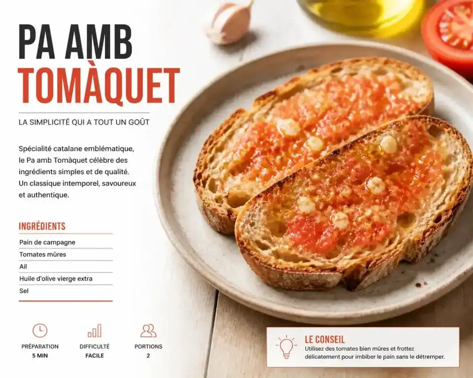 Pa amb Tomàquet traditionnel, spécialité de Barcelone, sur une table en bois