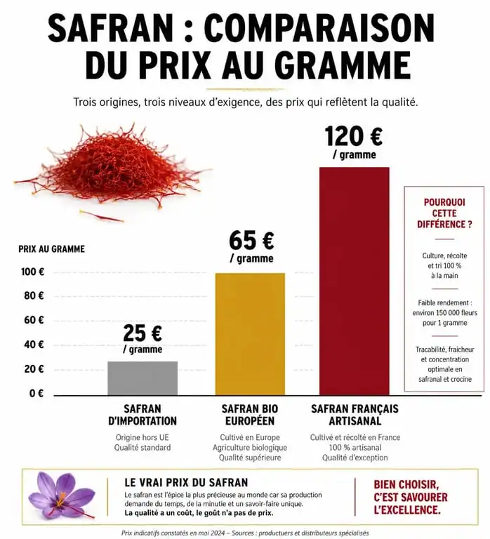 Comparatif des prix du safran selon l'origine et la qualité pour comprendre le prix du safran