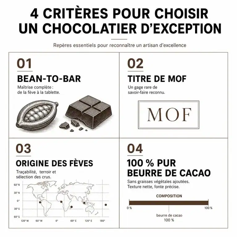 Critères de sélection des meilleurs chocolatiers français : bean-to-bar, MOF et qualité des ingrédients