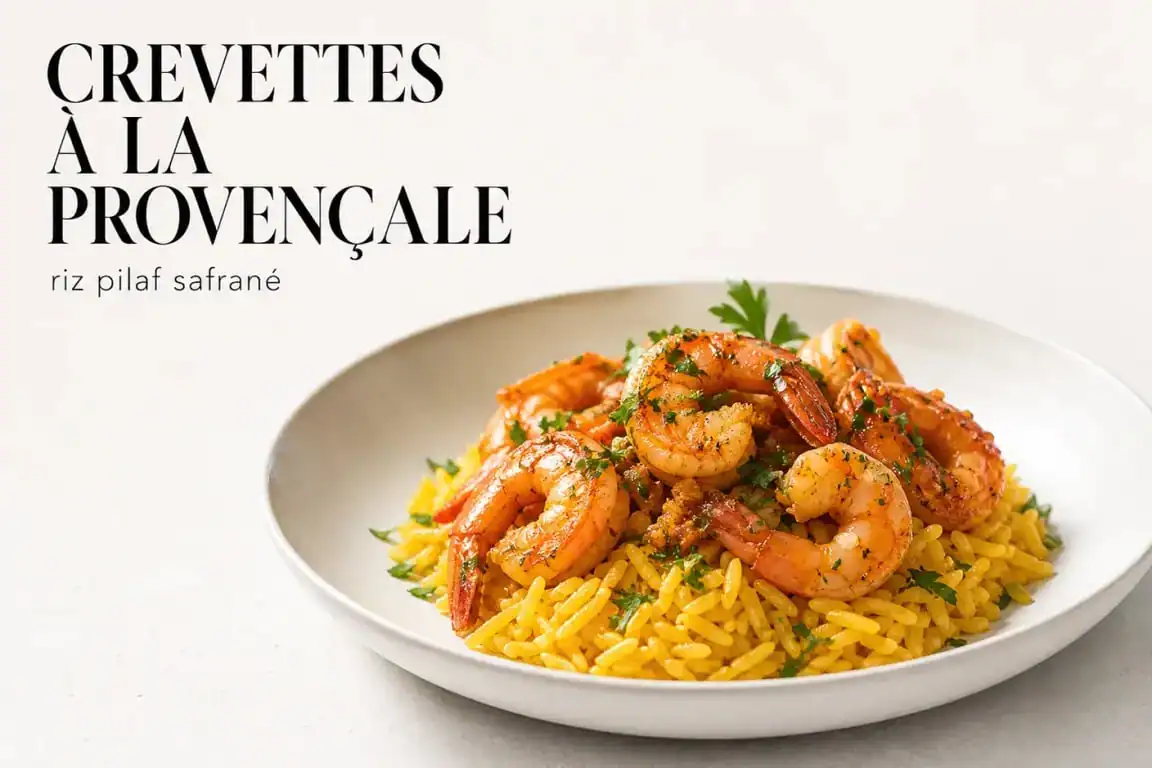 Plat de crevettes à la provençale et riz pilaf safrané, une idée de quoi manger avec des crevettes