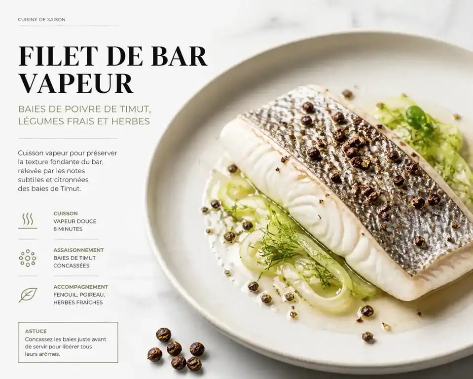 Filet de bar vapeur au poivre de Timut dressé sur une assiette élégante
