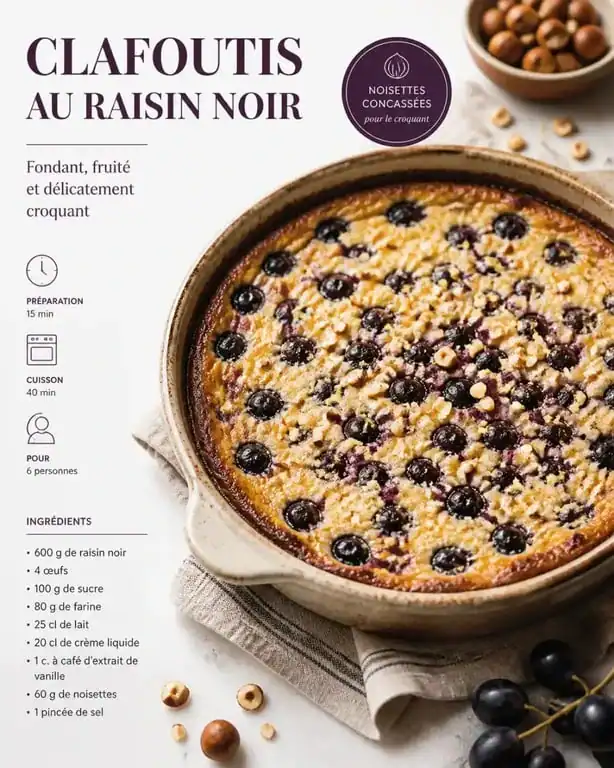 Clafoutis rustique au raisin noir et noisettes, une recette au raisin gourmande et facile