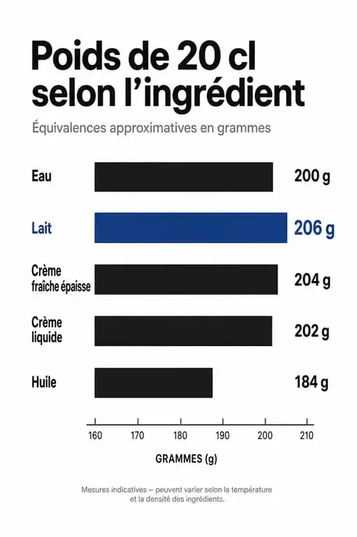 Infographie comparant le poids de 20 cl de crème fraîche épaisse, lait et autres ingrédients de cuisine