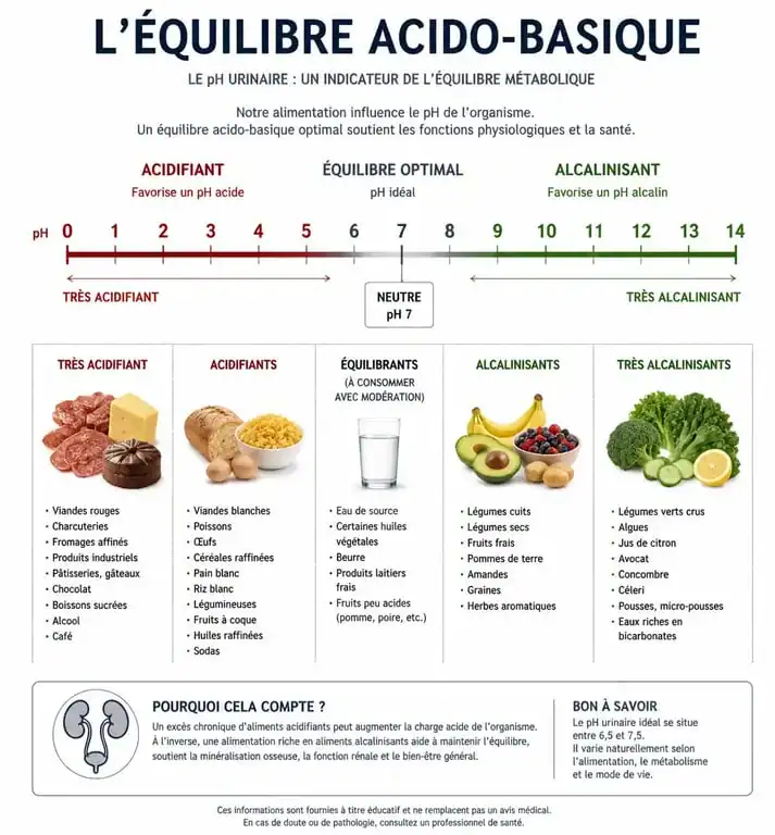 Infographie sur l'équilibre acido-basique et la classification des aliments acides ou basiques selon l'indice PRAL.