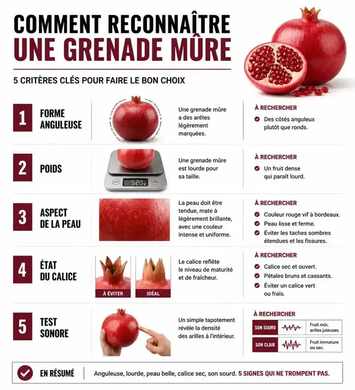 Infographie des critères pour savoir si une grenade est mûre : forme, poids et aspect de la peau.