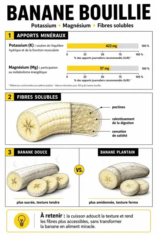 Infographie des bienfaits de la banane bouillie et comparaison nutritionnelle