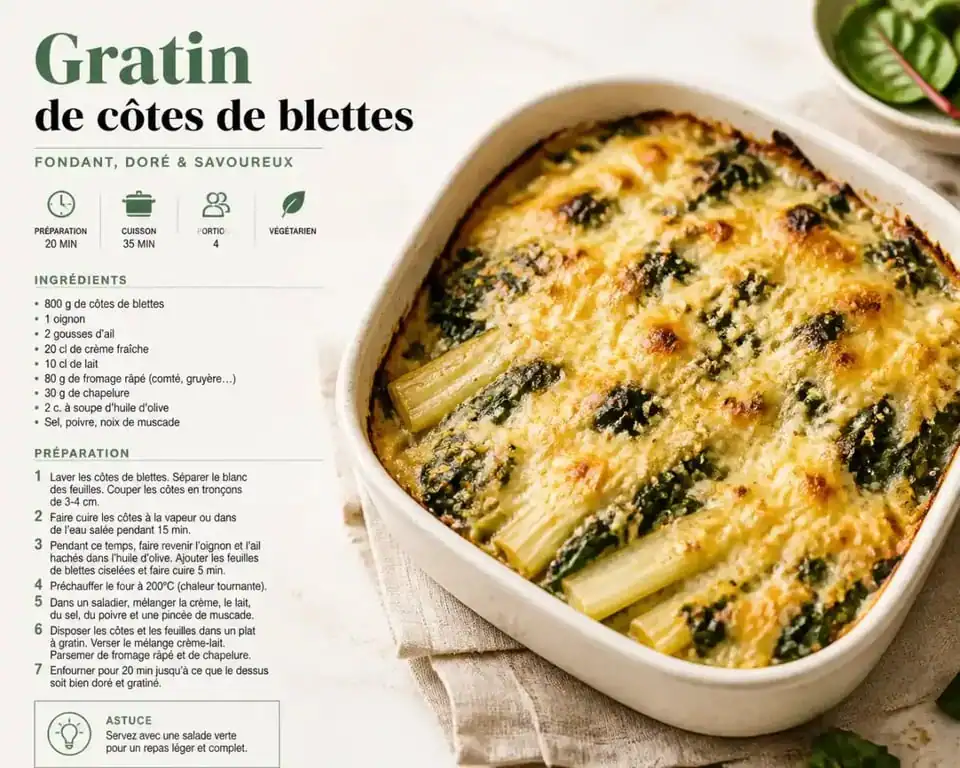 Gratin de côtes de blettes fondant et doré au four, une recette simple et savoureuse.