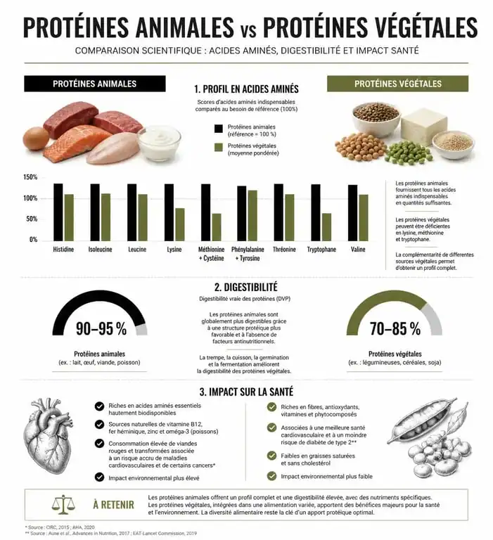 Infographie comparative des protéines végétales et animales : profil nutritionnel et digestibilité