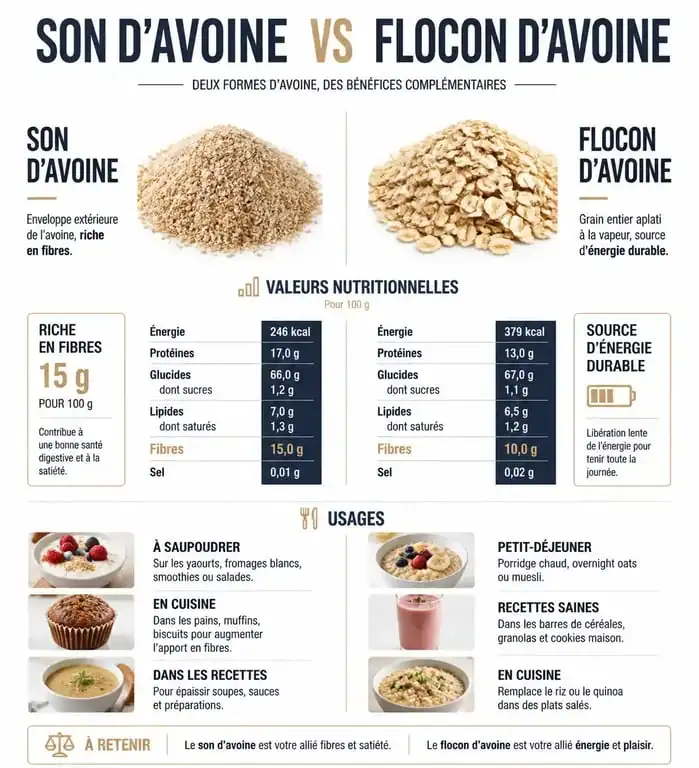 Infographie comparative nutritionnelle : son d'avoine vs flocon d'avoine pour la santé