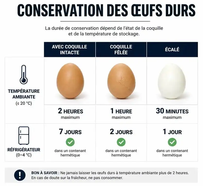 Infographie sur la durée de conservation des œufs durs selon la température et l'état de la coquille