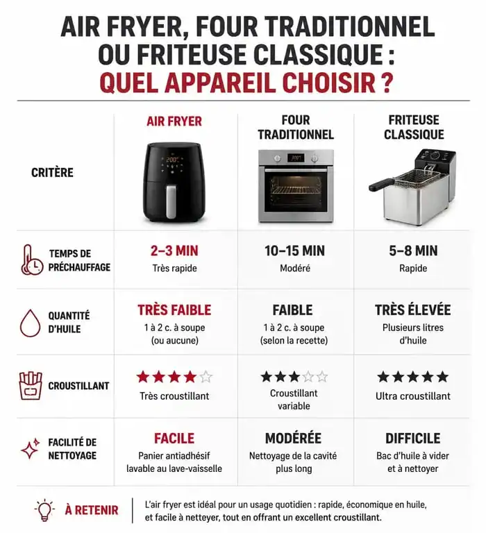 Tableau comparatif des avantages et inconvénients de l'air fryer par rapport aux méthodes de cuisson traditionnelles