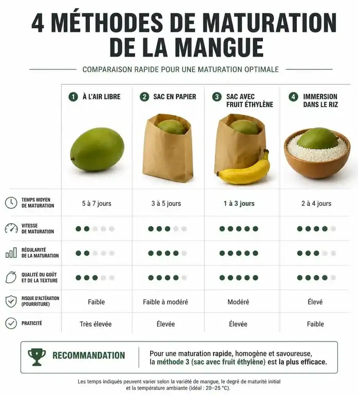 Infographie comparant les méthodes pour faire mûrir une mangue rapidement