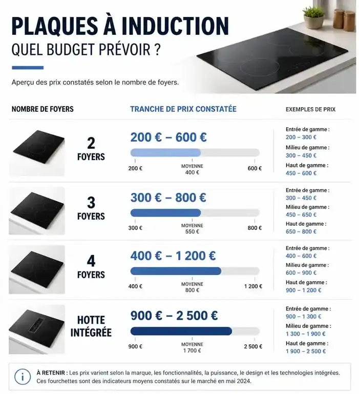 Infographie comparative des prix des plaques à induction par nombre de foyers et fonctionnalités