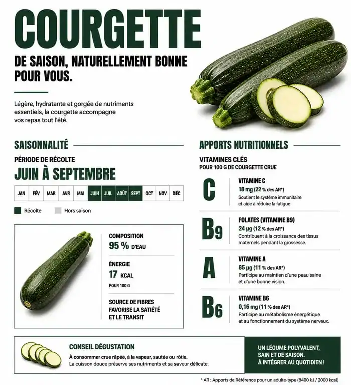 Infographie sur la saisonnalité et les bienfaits nutritionnels de la courgette