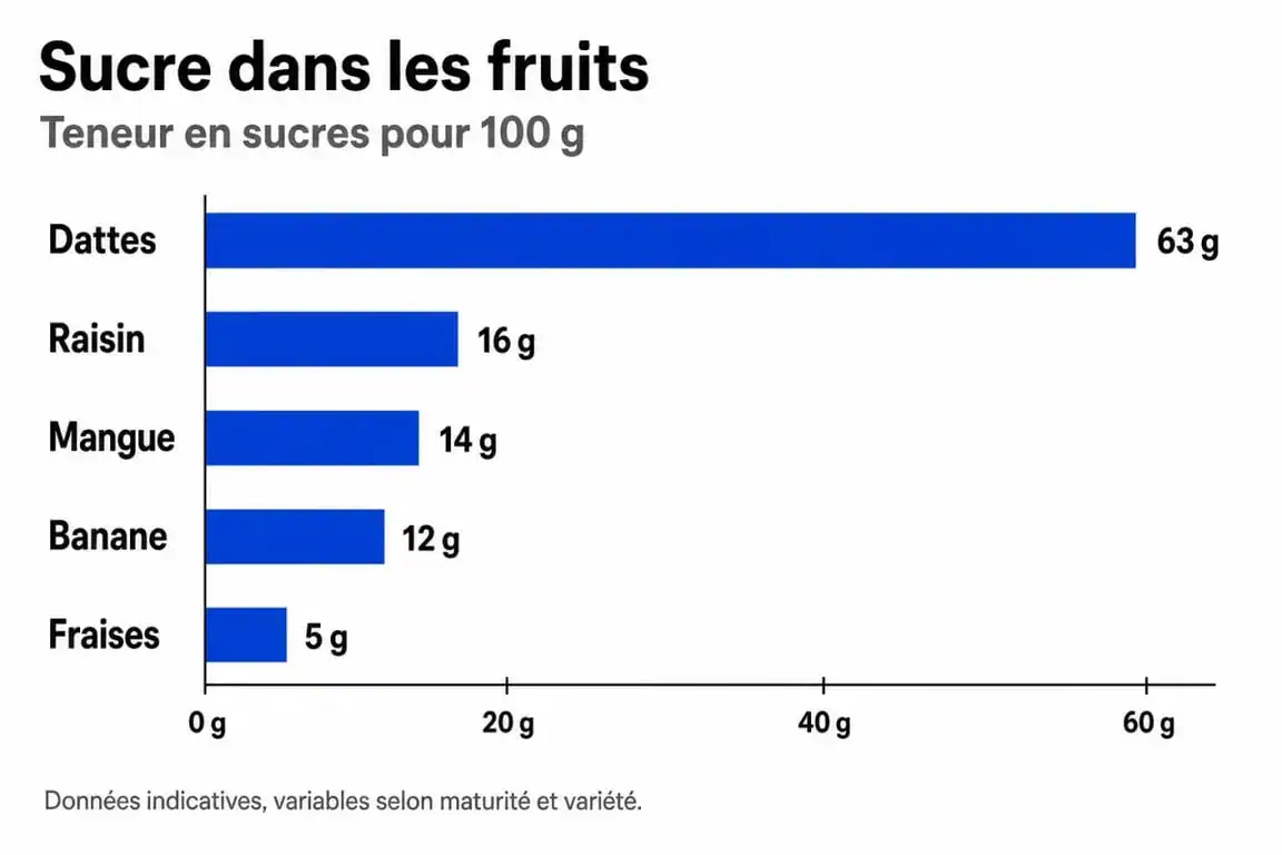 Infographie comparative de la teneur en sucre des fruits les plus sucrés pour 100g