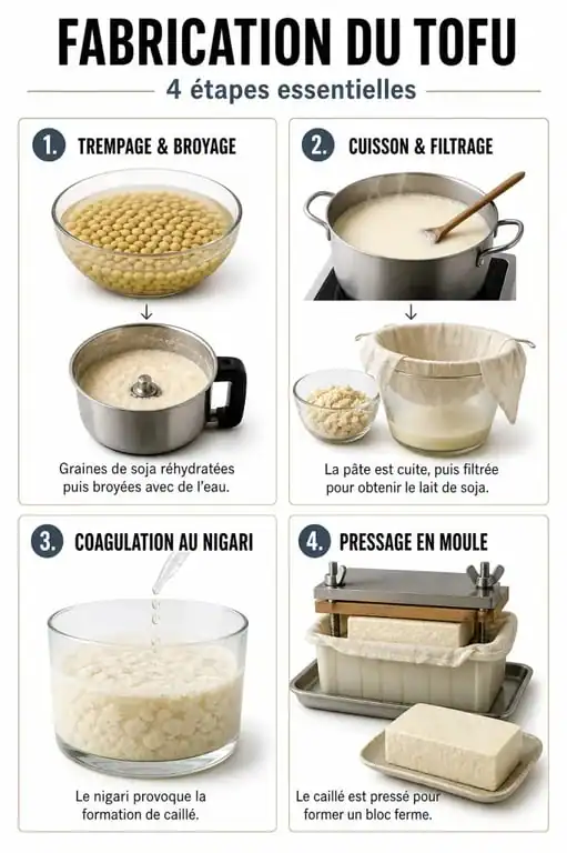 Infographie expliquant le processus de fabrication du tofu, de la graine de soja au bloc final.