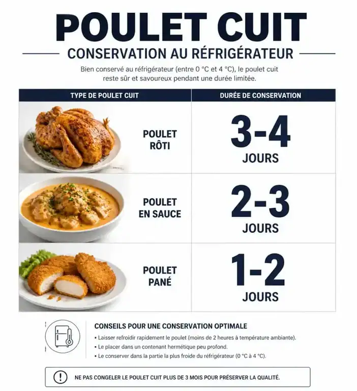 Infographie sur la durée de conservation du poulet cuit au frigo pour éviter les risques sanitaires