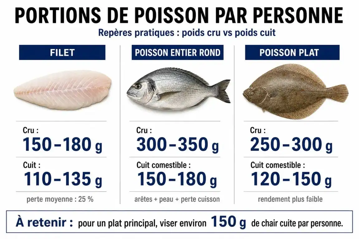 Infographie des portions recommandées de poisson par personne en grammes