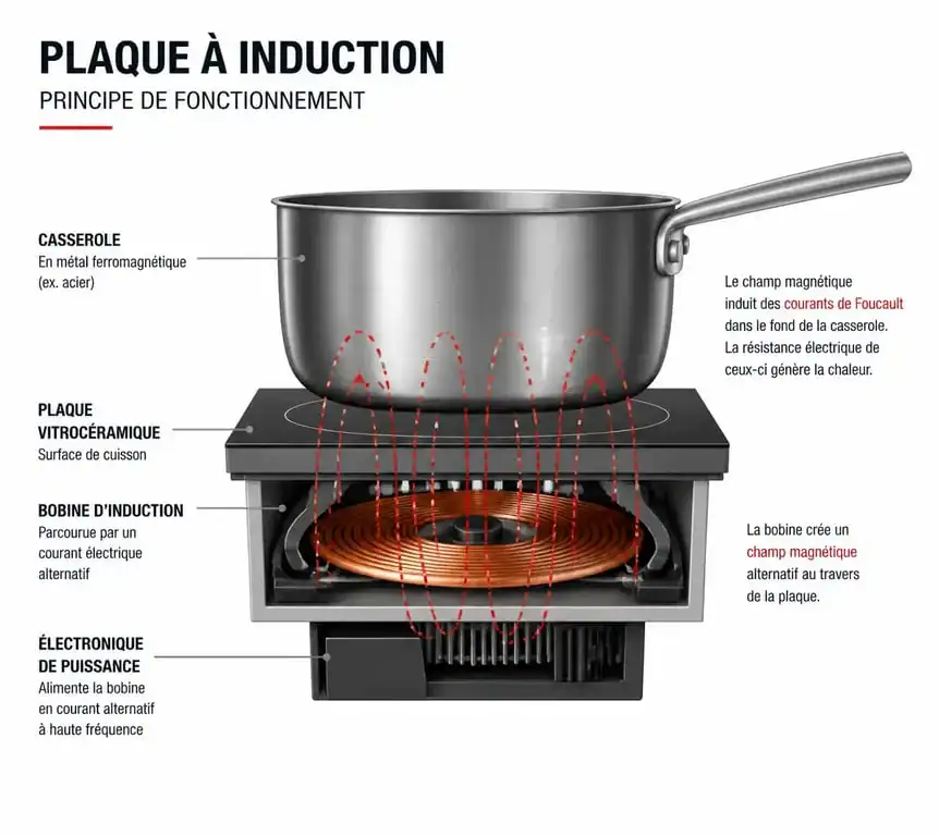 Schéma du fonctionnement d'une plaque à induction par électromagnétisme