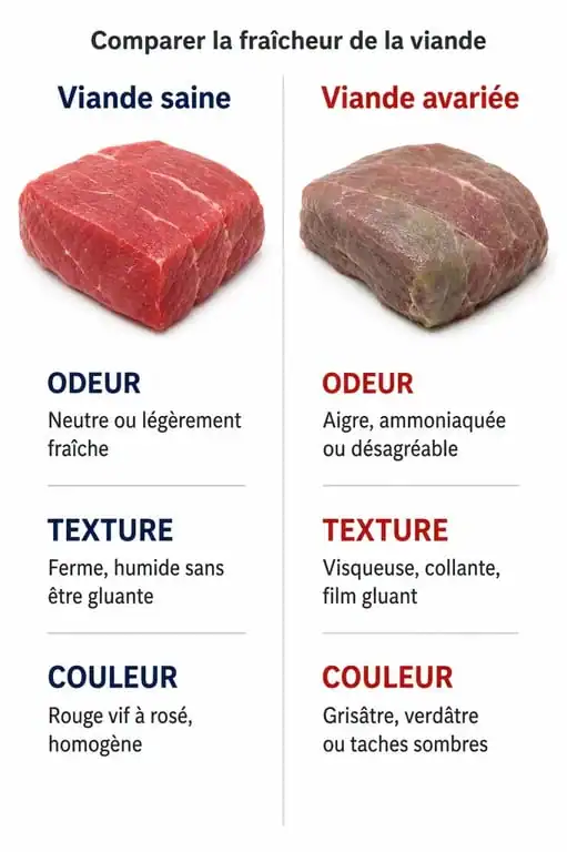 Infographie comparative pour identifier une viande avariée : odeur, texture et couleur pour éviter les risques alimentaires.