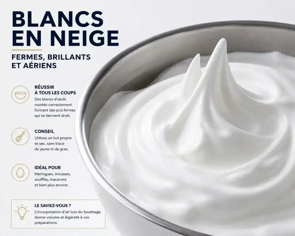 Blancs en neige montés à la main sans batteur dans un bol en inox