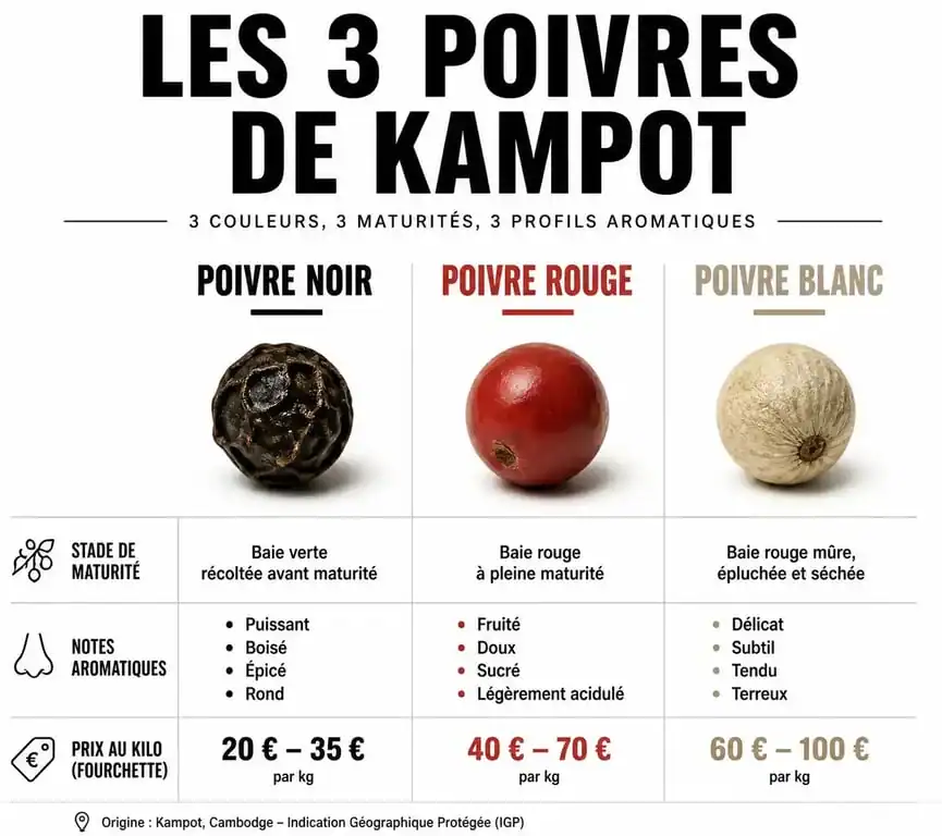 Comparatif des variétés de poivre de Kampot : prix au kilo et caractéristiques aromatiques