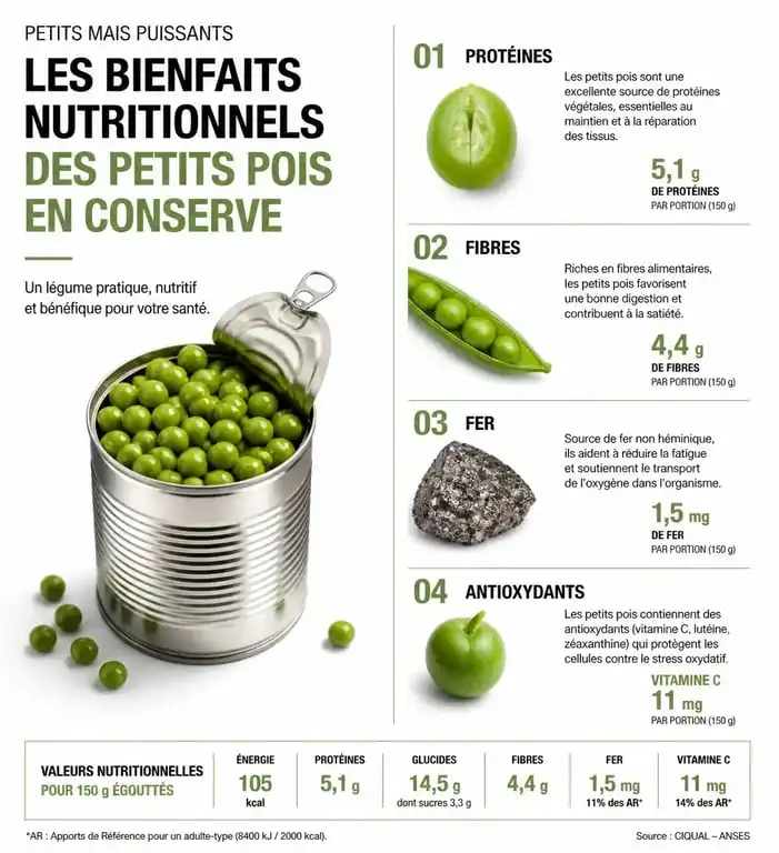 Infographie sur les bienfaits nutritionnels des petits pois en conserve : protéines, fibres et antioxydants