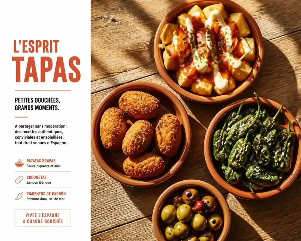Assortiment de tapas espagnols traditionnels sur une table en bois pour un apéritif convivial