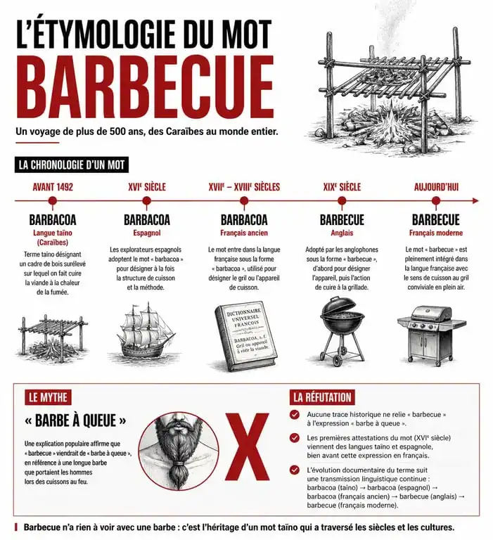 Infographie sur l'origine et l'étymologie du mot barbecue, expliquant son évolution historique depuis le terme barbacoa.