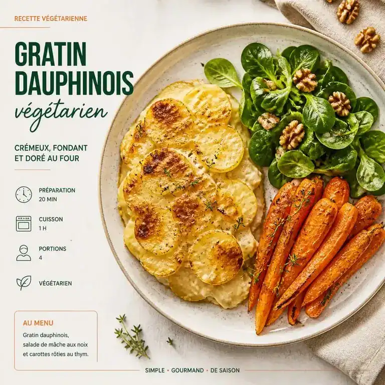 Gratin dauphinois sans viande accompagné d'une salade de mâche et noix pour un repas végétarien équilibré