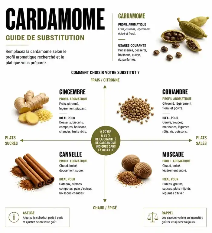 Infographie des meilleures alternatives à la cardamome pour remplacer cette épice dans vos recettes sucrées et salées