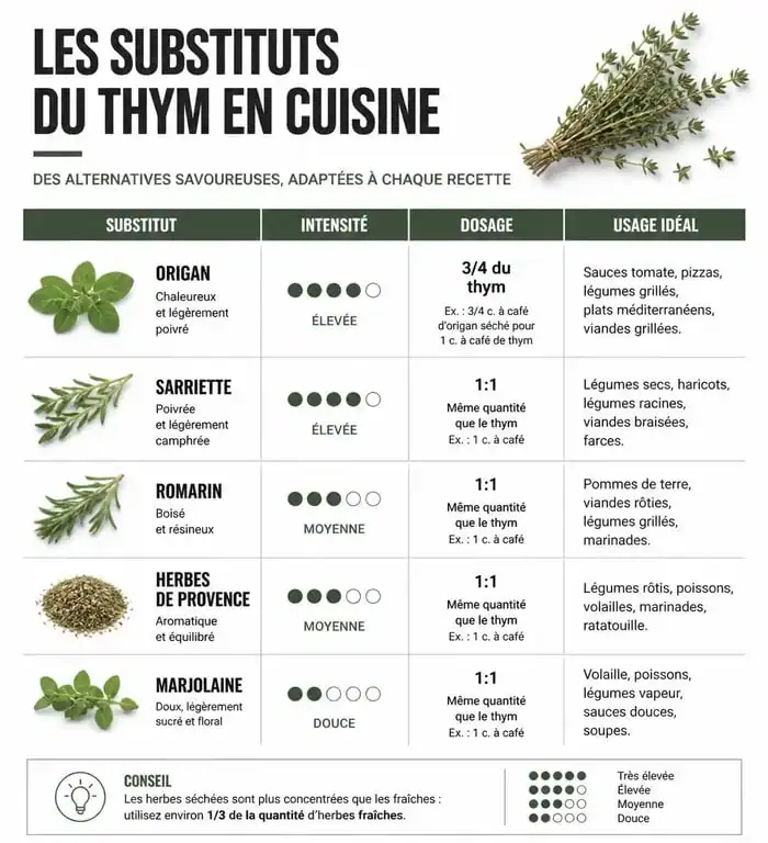 Tableau comparatif des substituts du thym en cuisine pour remplacer le thym dans vos recettes