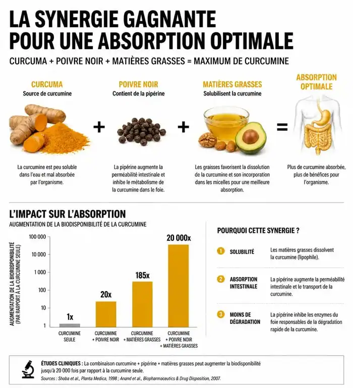 Infographie sur la biodisponibilité du curcuma : association avec le poivre noir et les matières grasses pour maximiser les bienfaits.