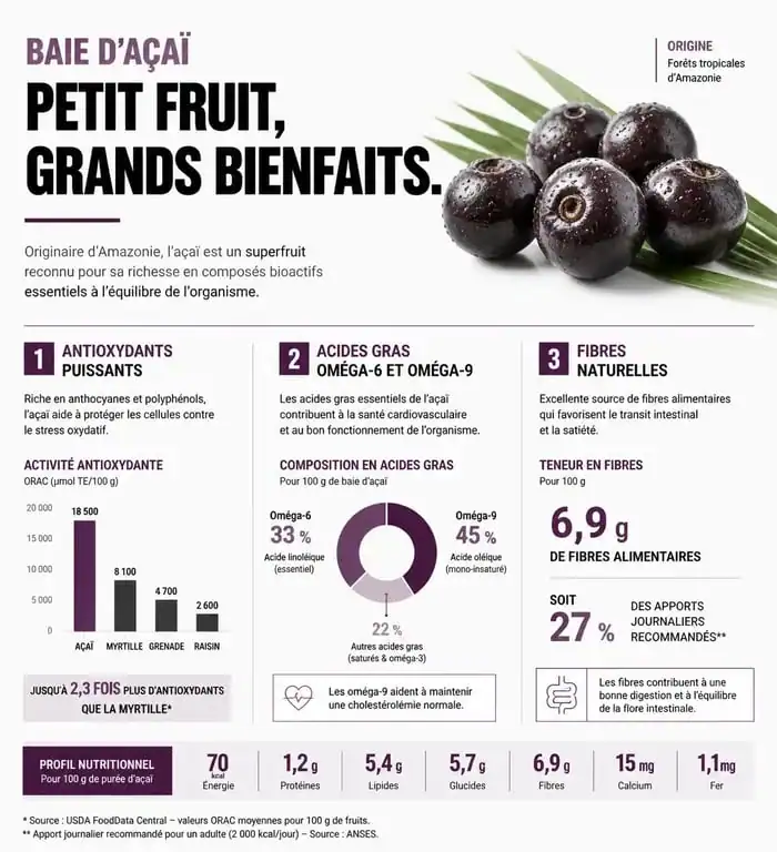 Infographie sur les bienfaits nutritionnels et les propriétés santé de la baie d'açaï