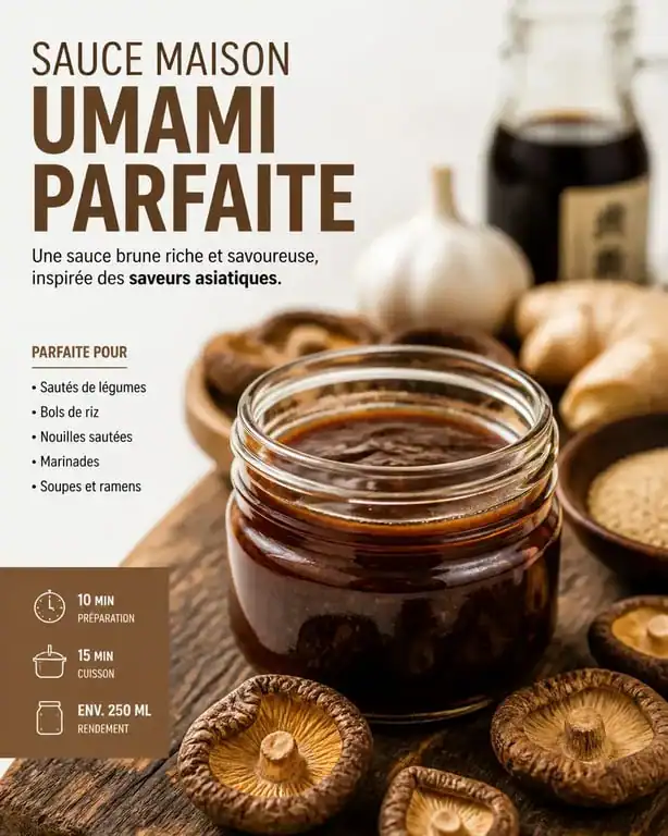 Sauce maison alternative à la sauce huître dans un bocal en verre avec champignons shiitakés