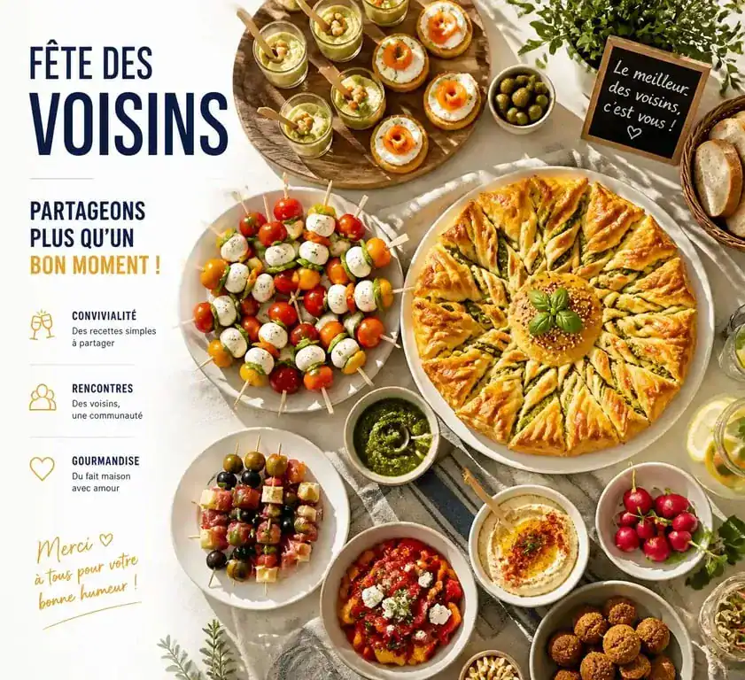 Assortiment de plats pour la fête des voisins : tarte soleil au pesto et brochettes caprese sur une table de buffet.