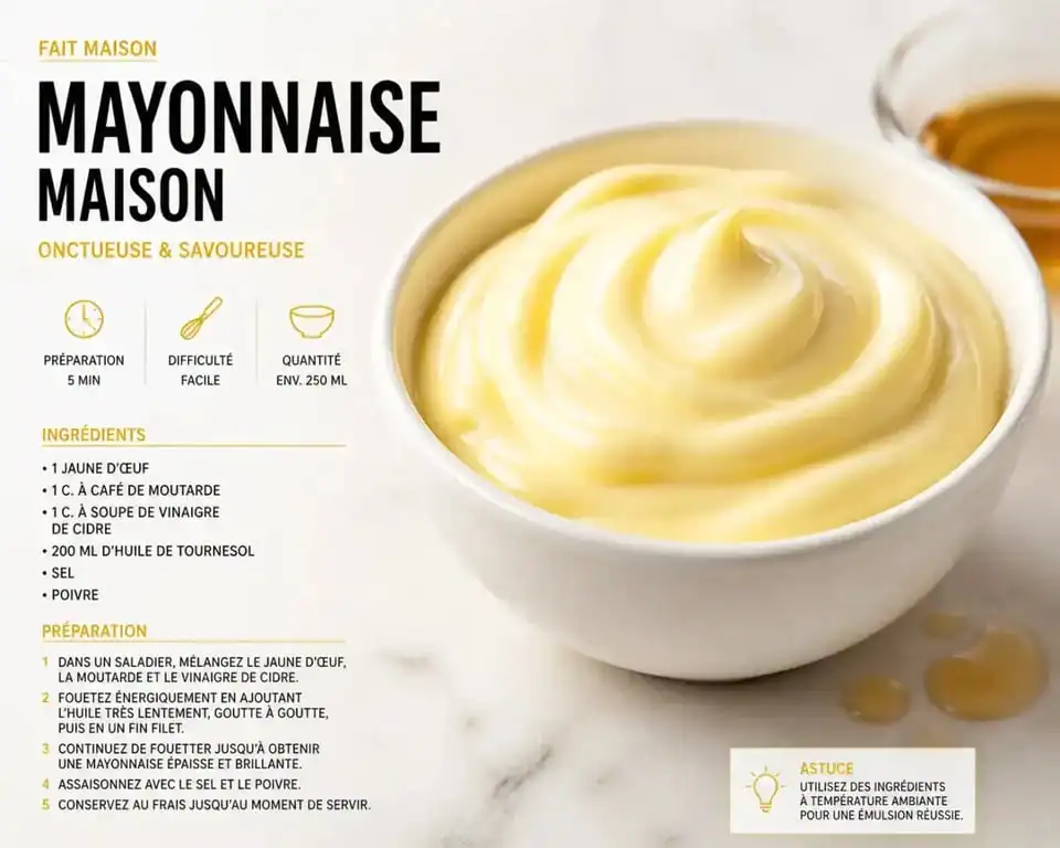 Mayonnaise maison onctueuse préparée avec du vinaigre de cidre dans un bol