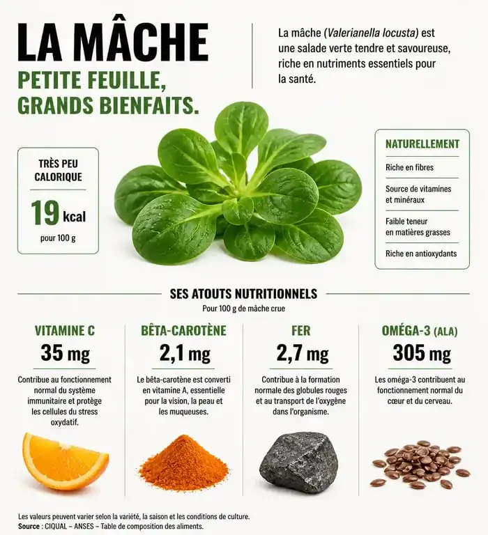 Infographie sur les bienfaits nutritionnels et les vitamines de la mâche
