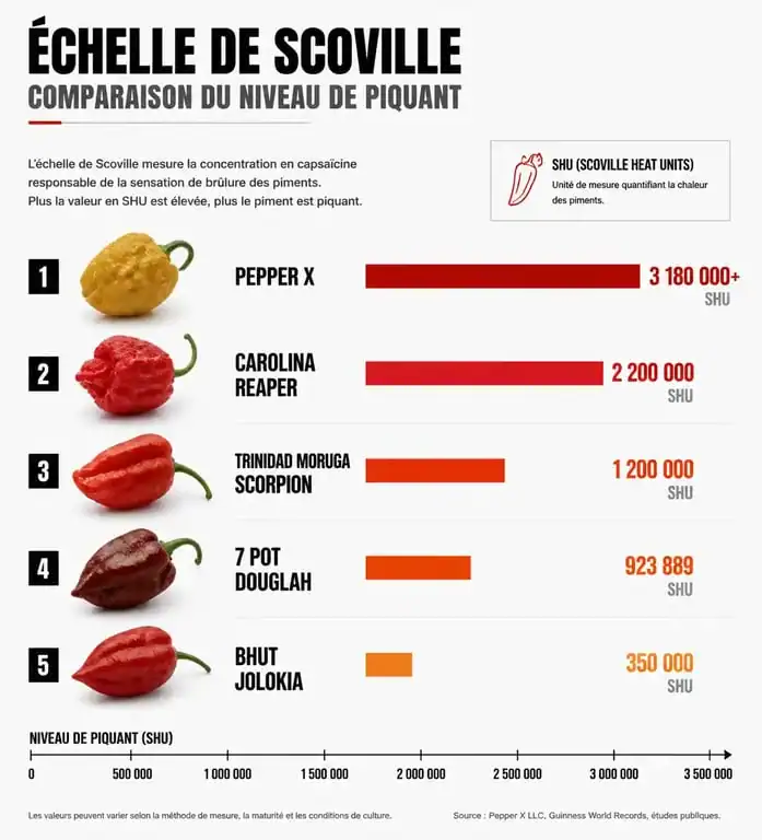 Infographie comparative des piments les plus forts du monde sur l'échelle de Scoville, incluant le Pepper X et le Carolina Reaper.
