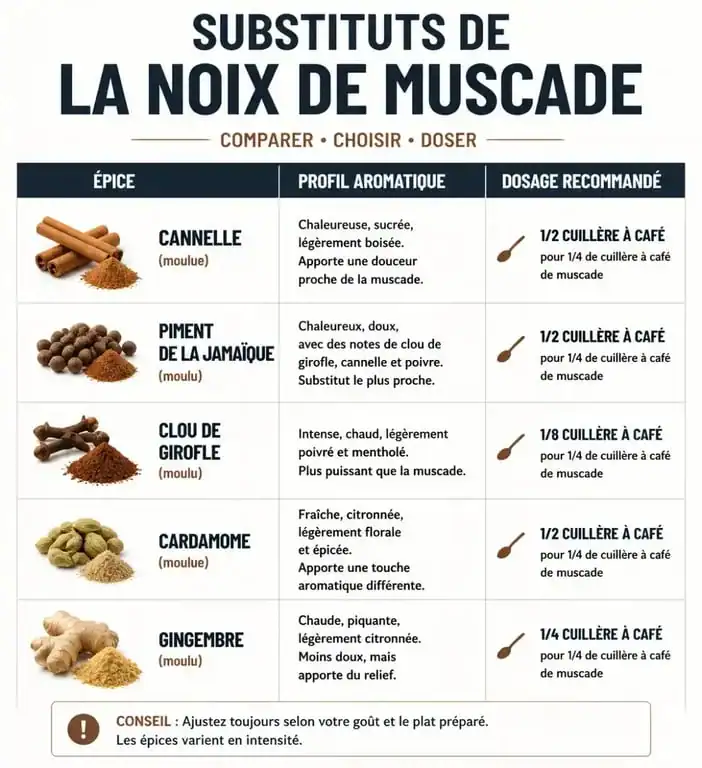 Tableau comparatif des substituts de la muscade pour vos recettes