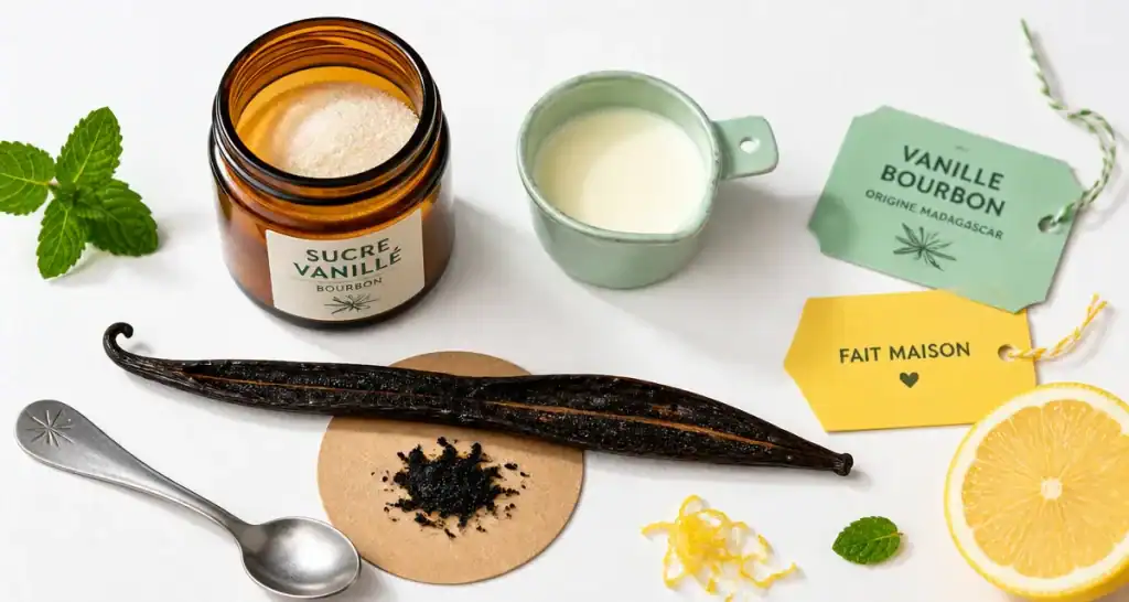 Gousse de vanille bourbon noire, grains et sucre vanillé sur fond blanc