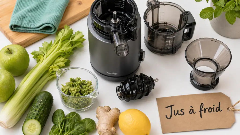 Meilleur extracteur de jus 2024, extracteur à froid sur table blanche