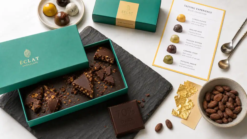 Meilleurs chocolatiers français : chocolats artisanaux haut de gamme sur table blanche