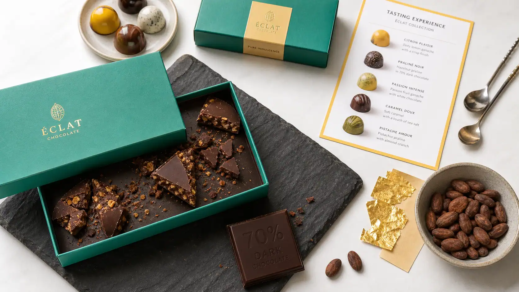 Meilleurs chocolatiers français : chocolats artisanaux haut de gamme sur table blanche
