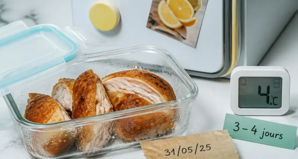 Poulet cuit combien de temps au frigo : règle des 3 jours, 4°C