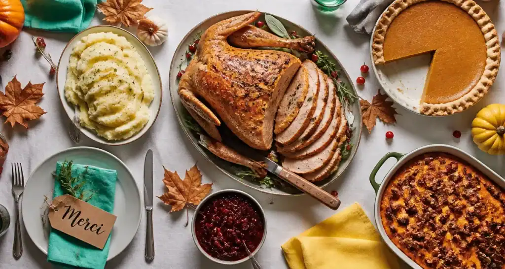 Qu est ce que thanksgiving : table avec dinde rôtie et tarte à la citrouille