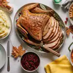 Qu est ce que thanksgiving : table avec dinde rôtie et tarte à la citrouille
